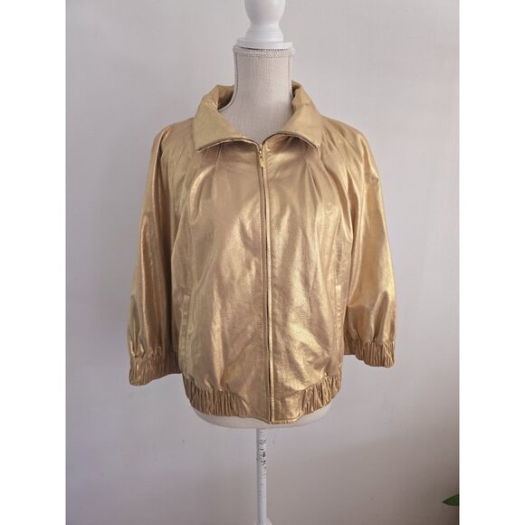 St John Gold Metallic Lambs Leather Silk 80s Retro Shimmer Bomber Zip Jacket M